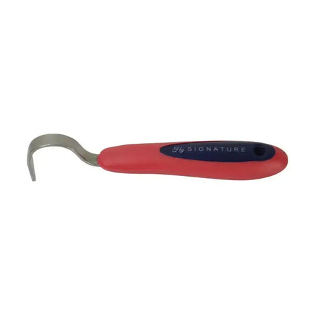 Red and black fly signature signature hoof pick with soft touch handle and stainless steel rounded hoof pick hook