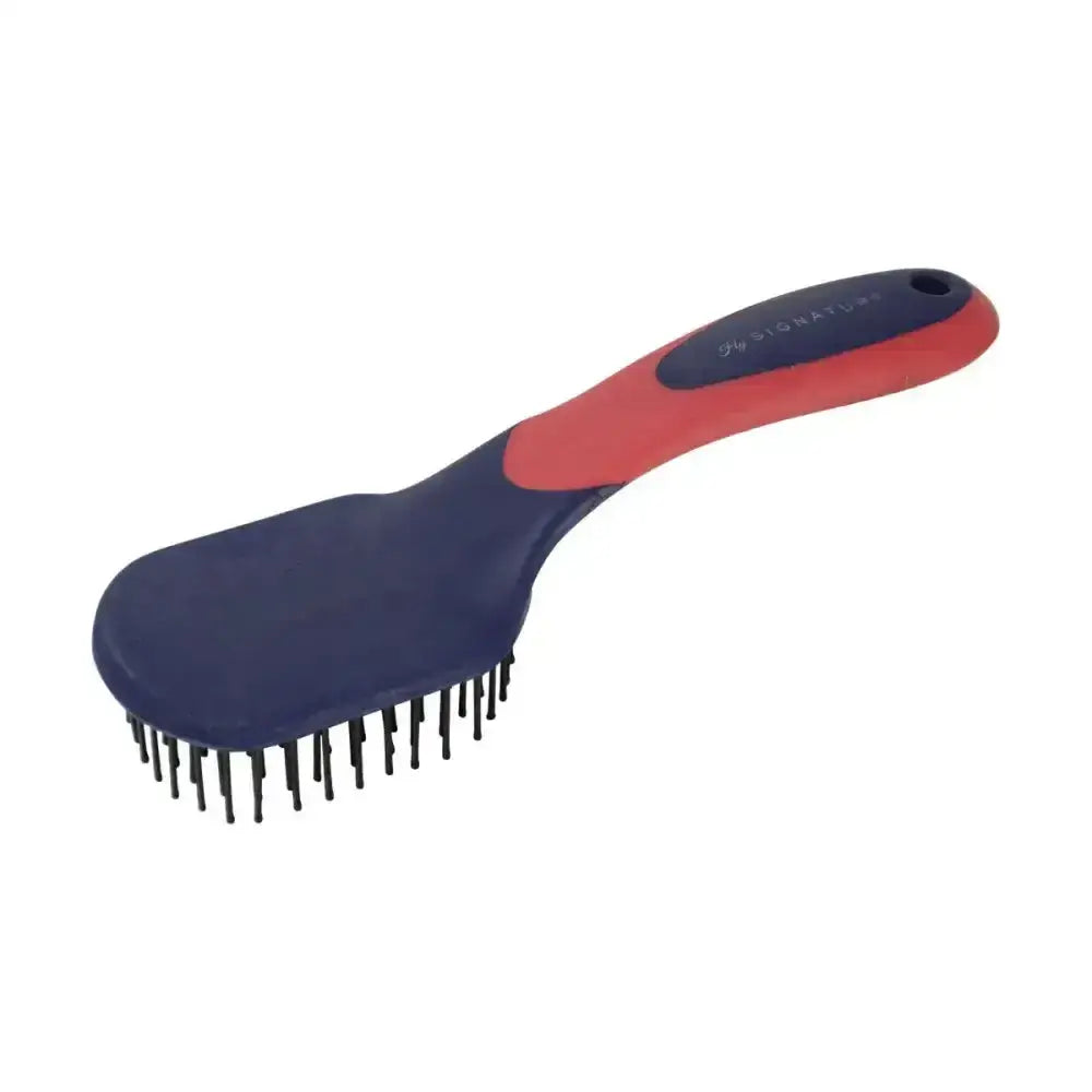 Red and navy blue hy signature mane and tail soft touch brush with black bristles for grooming horses