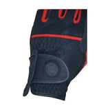 Back side of hy signature riding gloves in black and red with durable pu fabric, reinforced stitching, and flexible fit