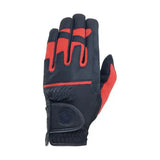 Black and red hy signature riding gloves with durable pu fabric, reinforced stitching, padded wrist strap, and flexible fit
