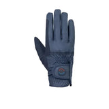 Dark blue hy signature riding gloves with durable pu fabric, textured palm, and flexible fit wrist strap with logo patch