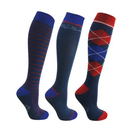 Three signature socks in navy blue red and royal blue with striped solid and argyle patterns from hy signature range