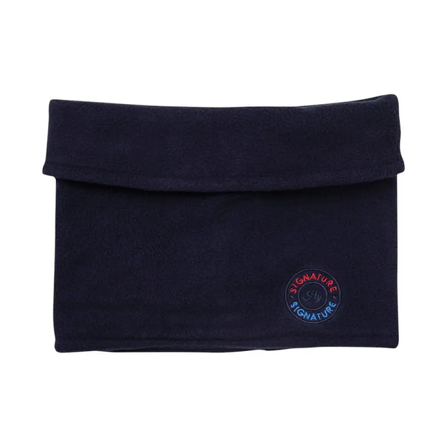 Dark navy blue fleece neck warmer with circular embroidered signature logo in red and blue soft fleece material