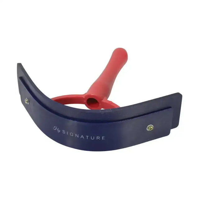 Blue plastic hy signature sweat scraper with red handle and rubber edging reduces drying time effectively
