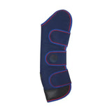 Navy blue horse leg wrap with red and blue trim and velcro straps from hy signature travel boots for practical travel boots