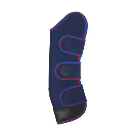 Navy blue horse leg wrap with red and blue trim and velcro straps from hy signature travel boots for practical travel boots