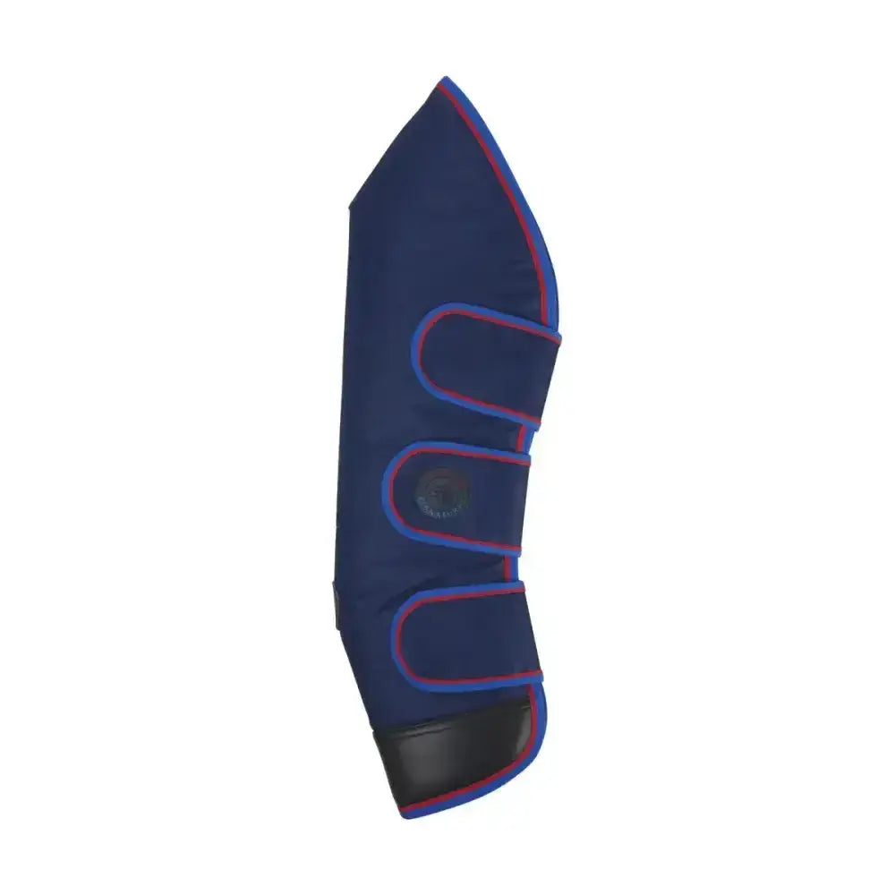Navy blue hy signature travel boots with red and blue trim and black rubberized heel pad practical horse travel boots