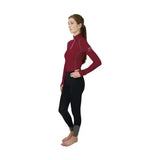Maroon hy sport active base layer with close fit base, soft breathable fabric, high collar, and zipper detail