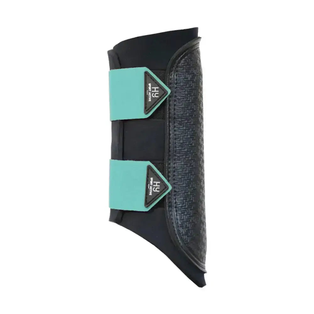 Black and teal hy sport active brushing boots with textured grip and branded fasteners perfect for cross country rides