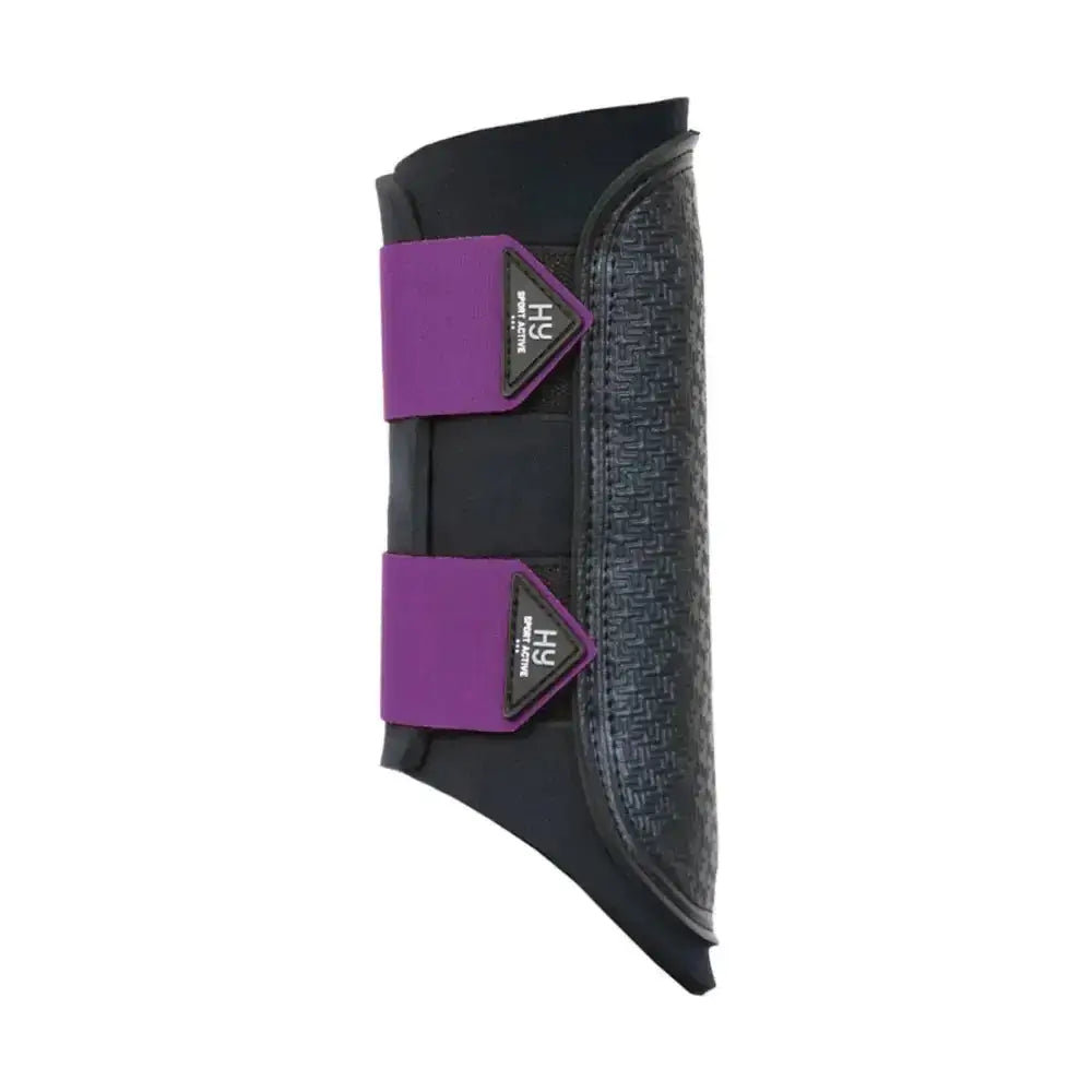 Black and purple hy sport active brushing boots with textured side panels and adjustable straps for cross country rides
