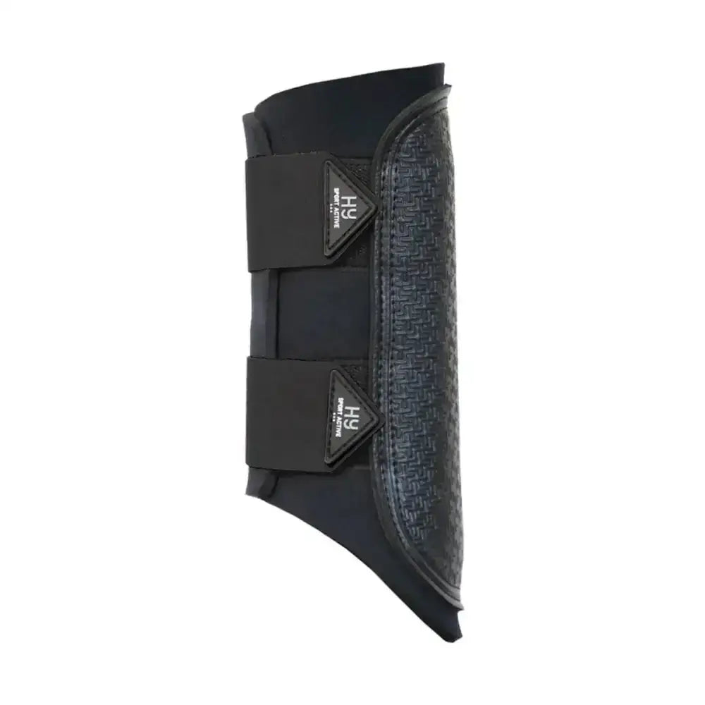Black hy sport active brushing boots with textured woven side panels and adjustable velcro straps for cross country use