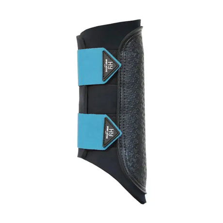 Black and teal hy sport active brushing boots with textured surface and logo perfect for cross country rides in wonderful countryside