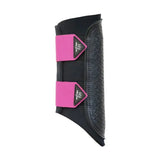 Black and vibrant pink hy sport active brushing boots with textured material and logo perfect for cross country rides