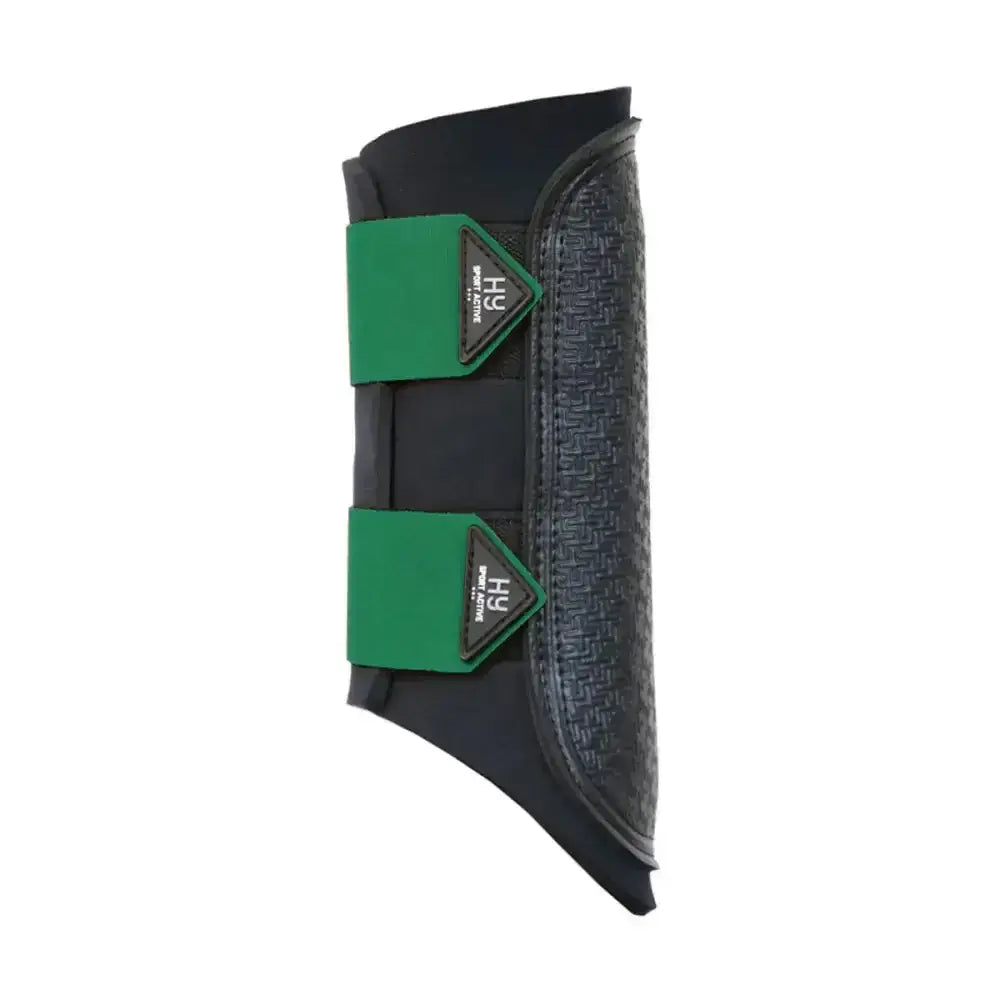 Black and green hy sport active brushing boots with textured surface and branded straps for cross country rides
