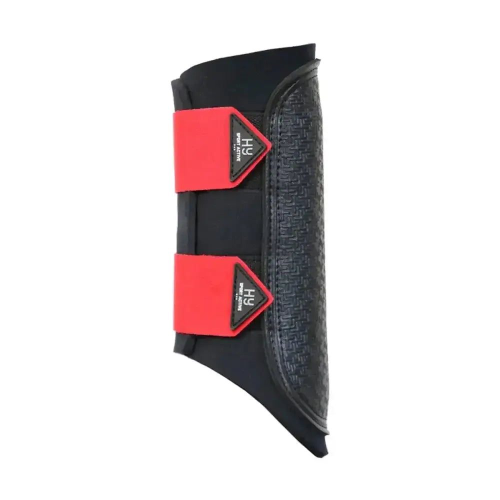 Black and red hy sport active brushing boots with textured grip and logo patches perfect for cross country rides