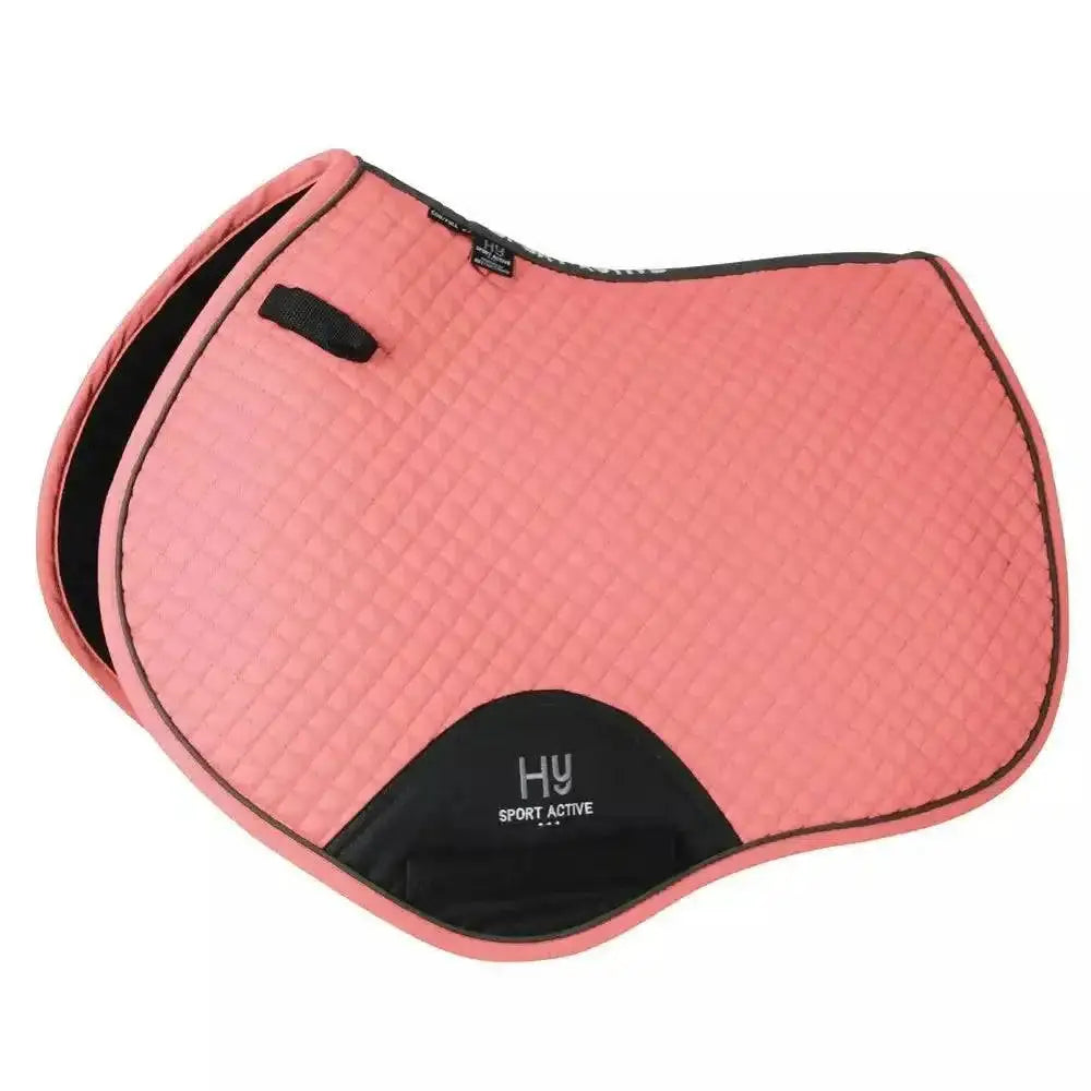 Pink quilted hy sport active close contact saddle pad with black trim and branded logo patch for close contact saddle use