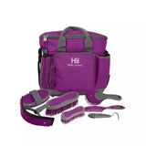 Purple and gray hy sport active complete grooming bag with multiple brushes curry comb and matching tote for equestrian active groom
