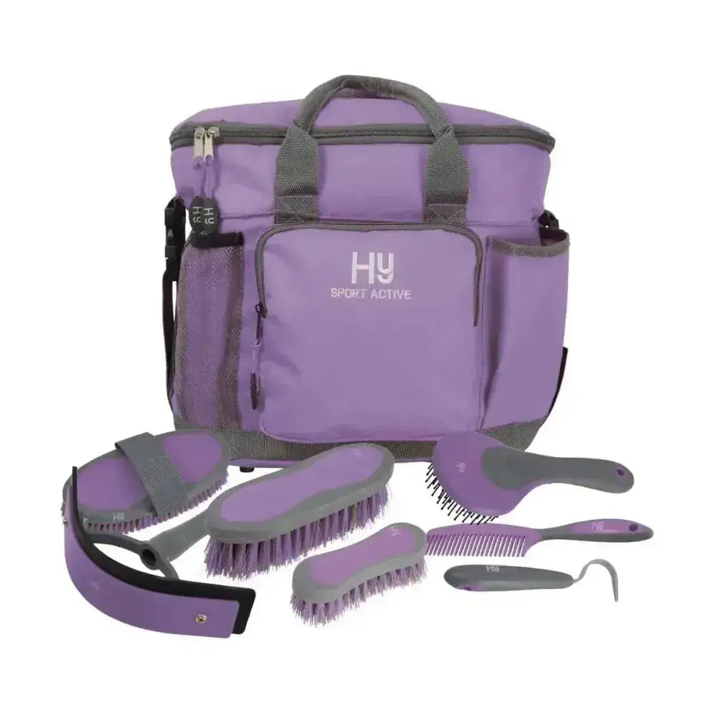 Purple and gray hy sport active complete grooming bag with brushes comb and hoof pick for equestrian active groom