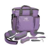 Purple and gray hy sport active complete grooming bag with brushes comb and hoof pick for equestrian active groom