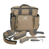 Tan and gray hy sport active complete grooming bag with multiple brushes comb and hoof pick for equestrian active groom