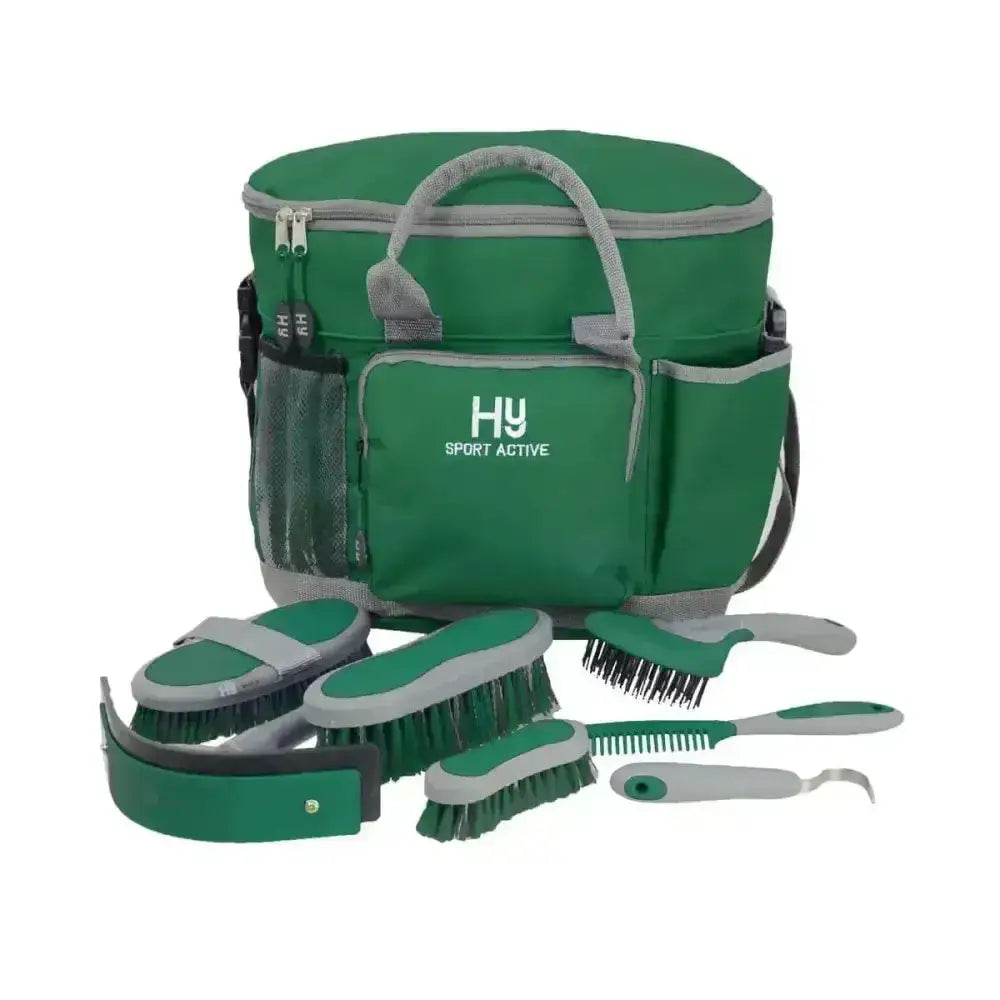 Green and gray hy sport active complete grooming bag with multiple brushes comb and hoof pick for equestrian active groom