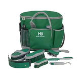 Green and gray hy sport active complete grooming bag with multiple brushes comb and hoof pick for equestrian active groom