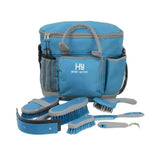 Blue and gray hy sport active complete grooming bag with brushes comb and hoof pick for equestrian active groom