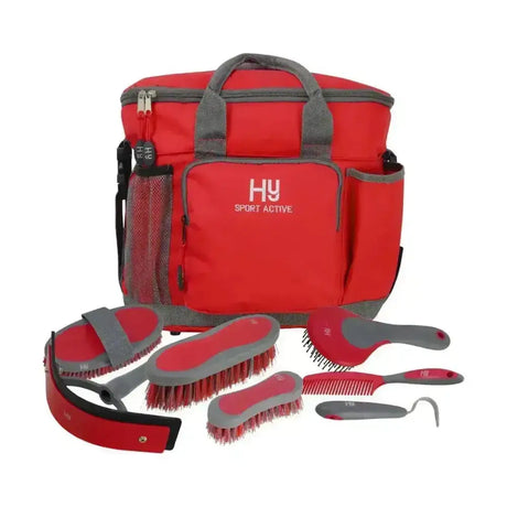 Red and gray Hy Sport active complete grooming bag with multiple brushes comb and hoof pick for equestrian active groom