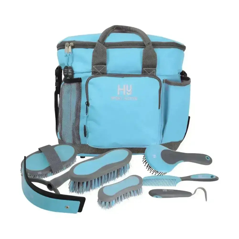 Light blue and gray hy sport active complete grooming bag with multiple brushes comb and hoof pick for equestrian active groom