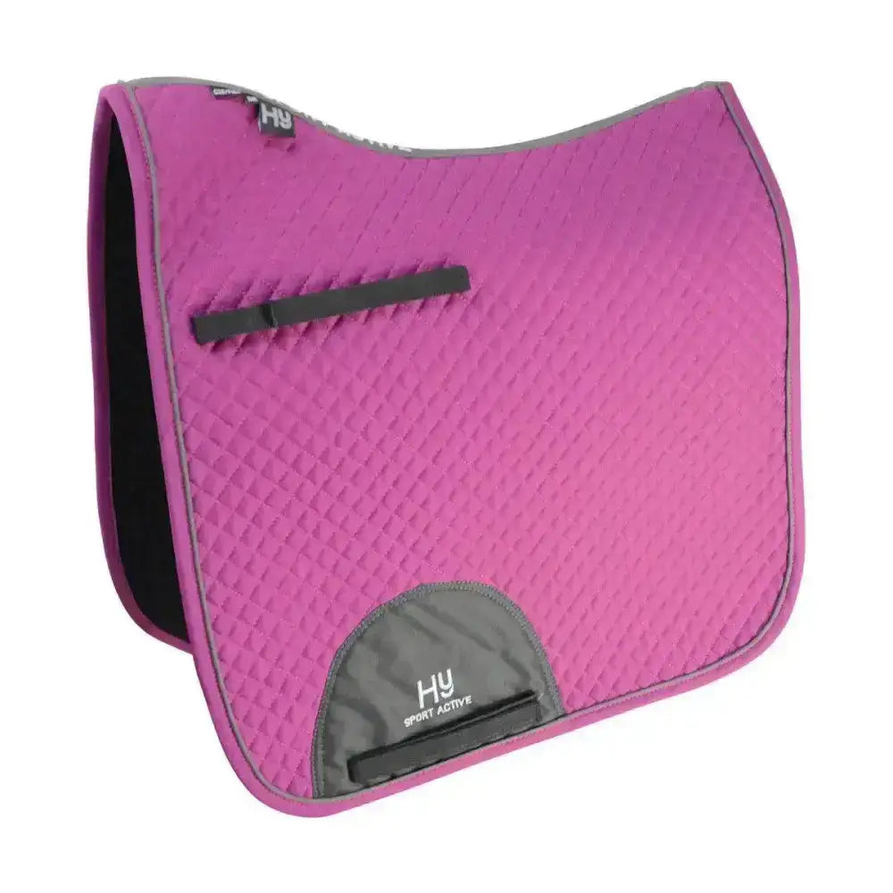 Pink quilted active dressage saddle pad with gray trim black zipper and hy sport active logo on gray patch