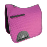 Pink quilted active dressage saddle pad with gray trim black zipper and hy sport active logo on gray patch