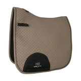 Beige quilted hy sport active dressage saddle pad with black trim and signature hywither cut logo patch