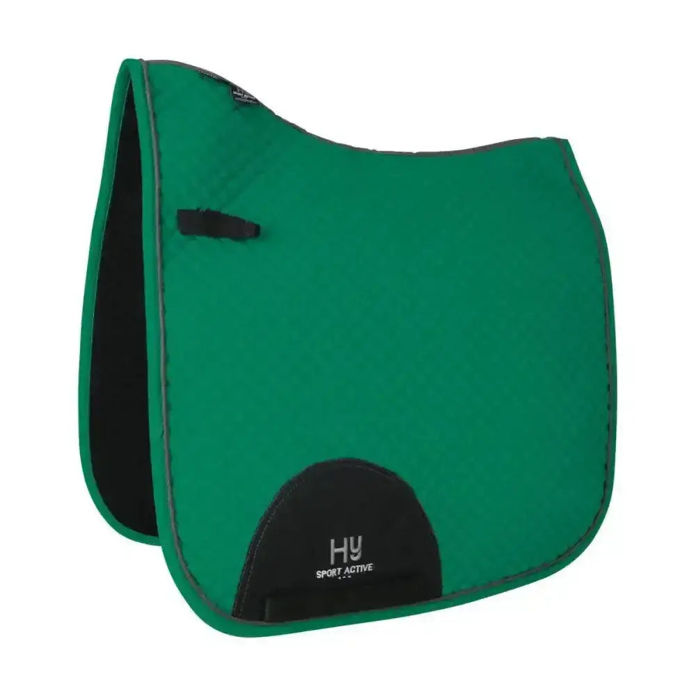 Green hy sport active dressage saddle pad with black trim and branded logo featuring signature hywither cut