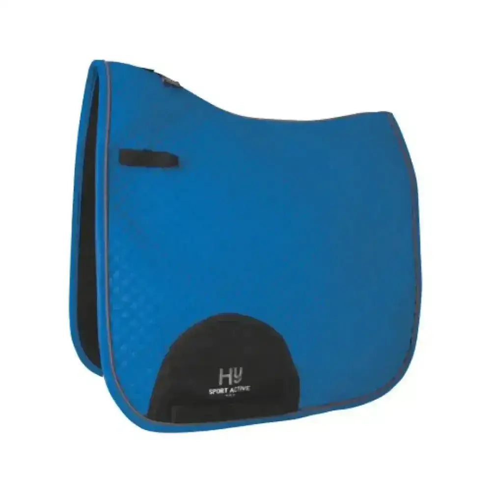 Blue hy sport active dressage saddle pad with black trim and signature hywither cut logo on lower corner
