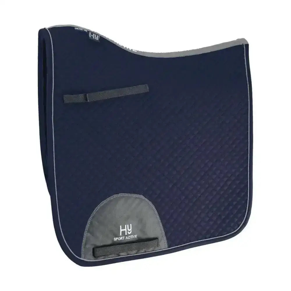 Navy blue hy sport active dressage saddle pad with gray accents and signature hywither cut textured pattern