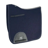 Navy blue hy sport active dressage saddle pad with gray accents and signature hywither cut textured pattern