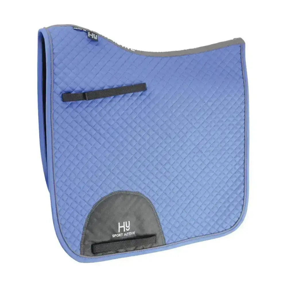 Blue quilted hy sport active dressage saddle pad with gray trim black straps and signature hywither cut logo