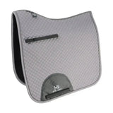 Gray quilted hy sport active dressage saddle pad with black trim and signature hywither cut patch for sport active dressage