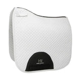 White quilted hy sport active dressage saddle pad with black trim and branded patch featuring signature hywither cut