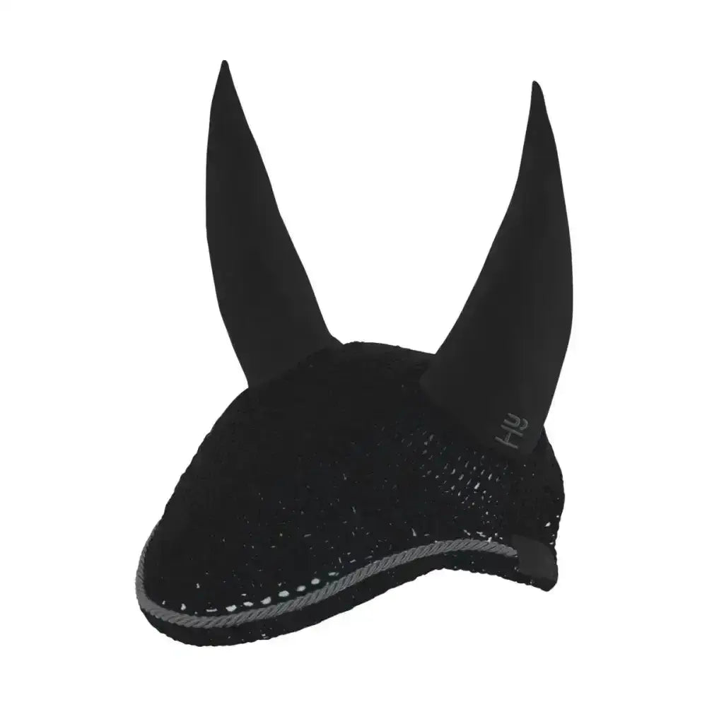 Black hy sport active fly veil horse ear bonnet with soft padded ears and breathable close-knit crochet design mesh body