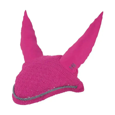 Bright pink hy sport active fly veil horse ear bonnet with close-knit crochet design and gray rope trim