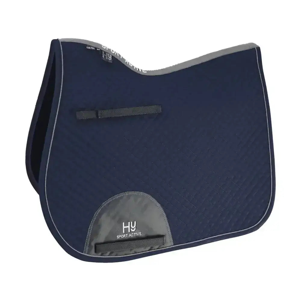 Navy blue hy sport active gp saddle pad with gray trim and logo patch classic shaped general purpose saddle pad