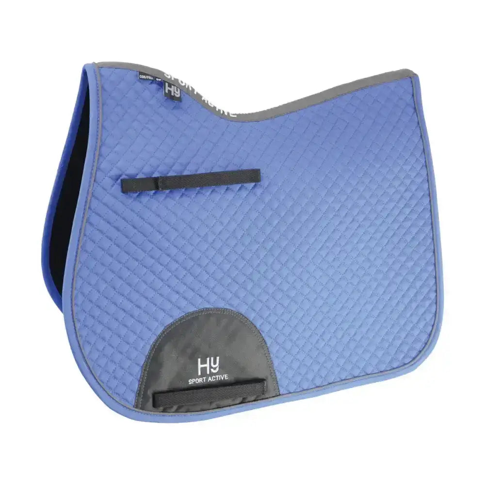 Blue quilted classic shaped general purpose saddle pad with gray trim black accents and hy sport active logo