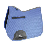 Blue quilted classic shaped general purpose saddle pad with gray trim black accents and hy sport active logo
