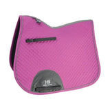 Pink quilted classic shaped general purpose saddle pad with gray trim and hy sport active logo patch
