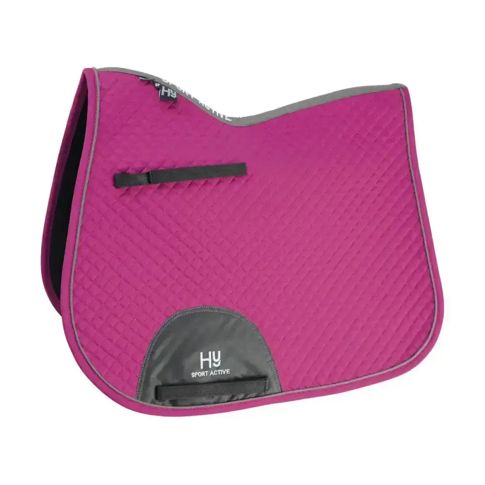 Vibrant fuchsia hy sport active gp saddle pad with quilted texture gray trim and black branded patch classic shaped general purpose saddle pad
