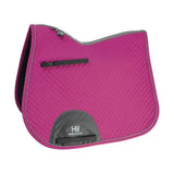 Vibrant fuchsia hy sport active gp saddle pad with quilted texture gray trim and black branded patch classic shaped general purpose saddle pad
