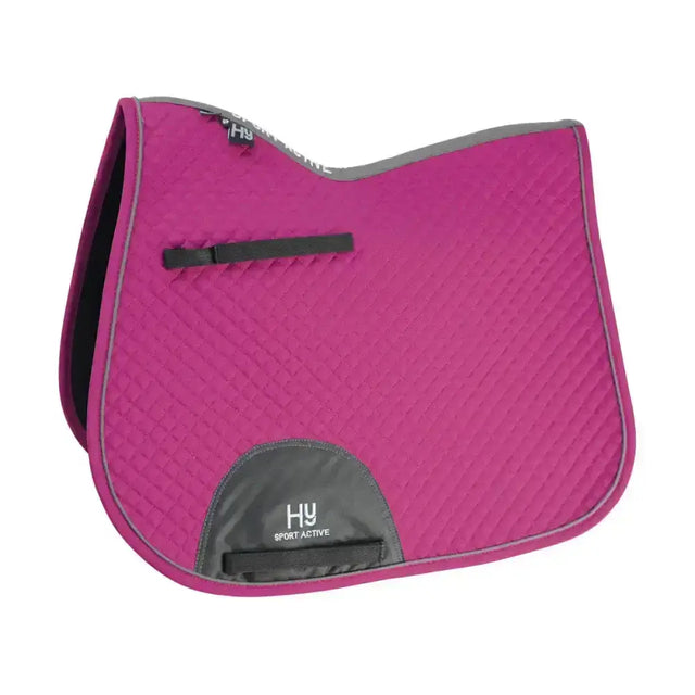 Vibrant fuchsia hy sport active gp saddle pad with quilted texture gray trim and black branded patch classic shaped general purpose saddle pad