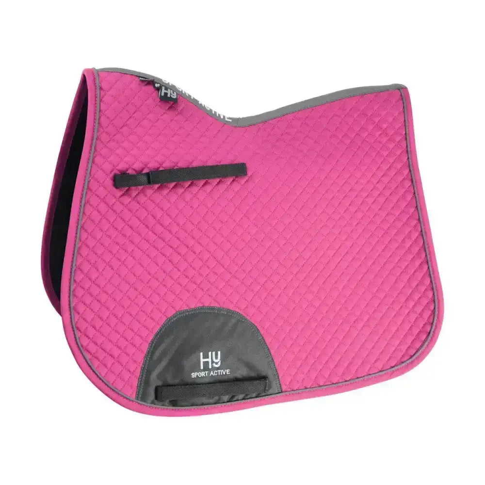 Vibrant pink quilted hy sport active gp saddle pad with gray trim and black accents classic shaped general purpose saddle pad