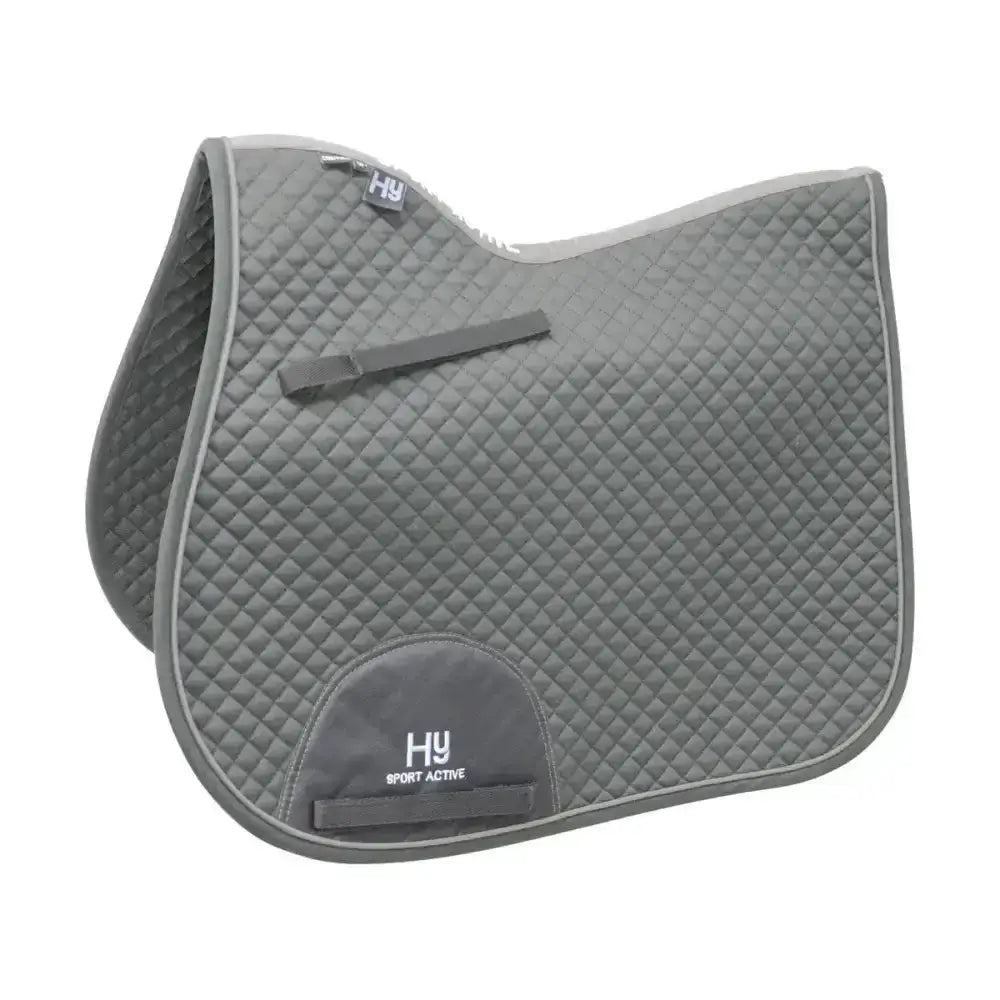 Gray quilted classic shaped general purpose saddle pad with diamond pattern black trim and hy sport active logo patch